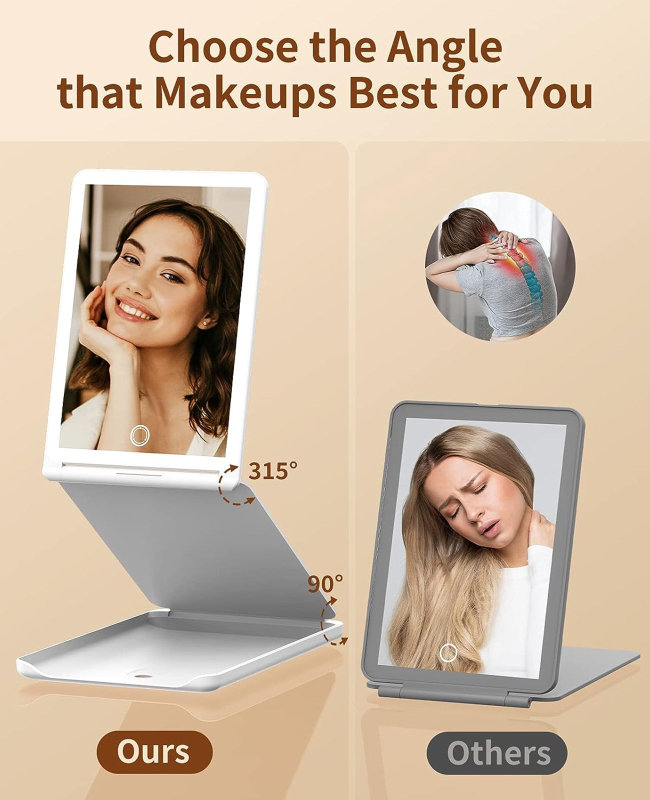 Jack & Rose Travel Mirror with Light, Travel Makeup Mirror with Magnification, Adjustable Height and Angle, Portable Folding Mirror