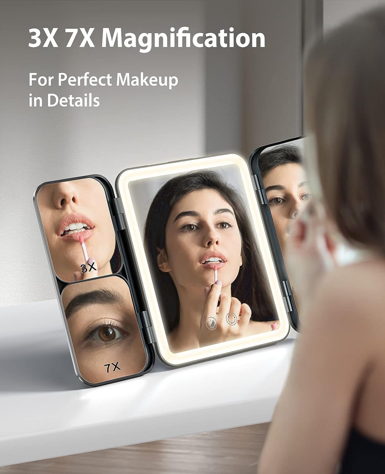 Jack & Rose Travel Mirror with Lights and Magnification, Portable Makeup Mirror with Light, 3X 7X, Light up Led Mirror for Makeup