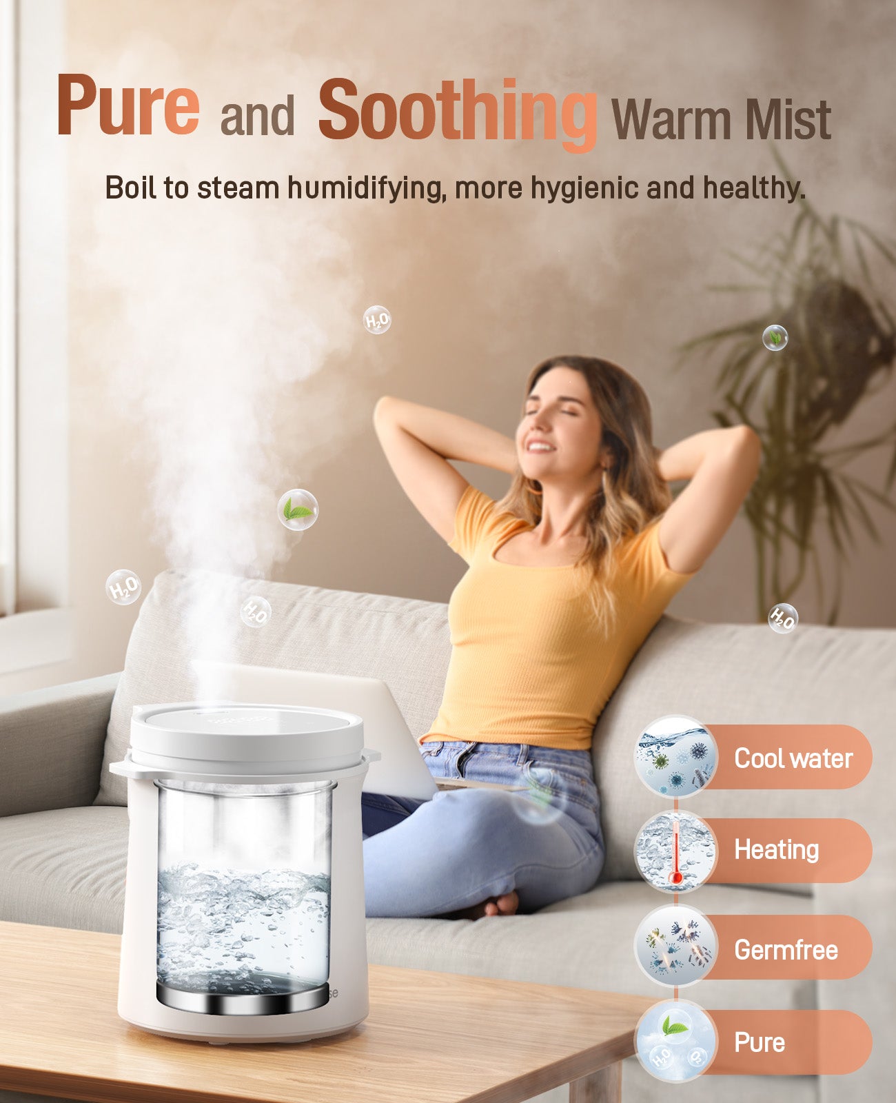 Warm Mist Humidifier, 3L Easy Clean Humidifier, Stainless Steel Dishwashable Bedroom Steam Humidifiers, Simple Use LED Screen, Sleep Mode with Quiet Humidifer