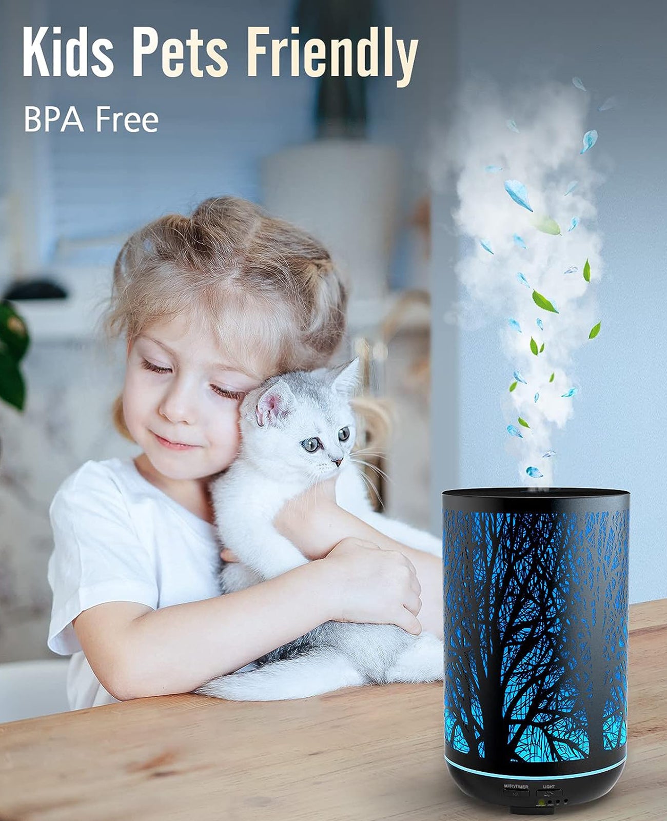 300ML Essential Oil Diffuser, Ultrasonic Diffusers for Essential Oils for Large Room, Metal Aromatherapy Air Diffusers Home with 14 Colors Lights