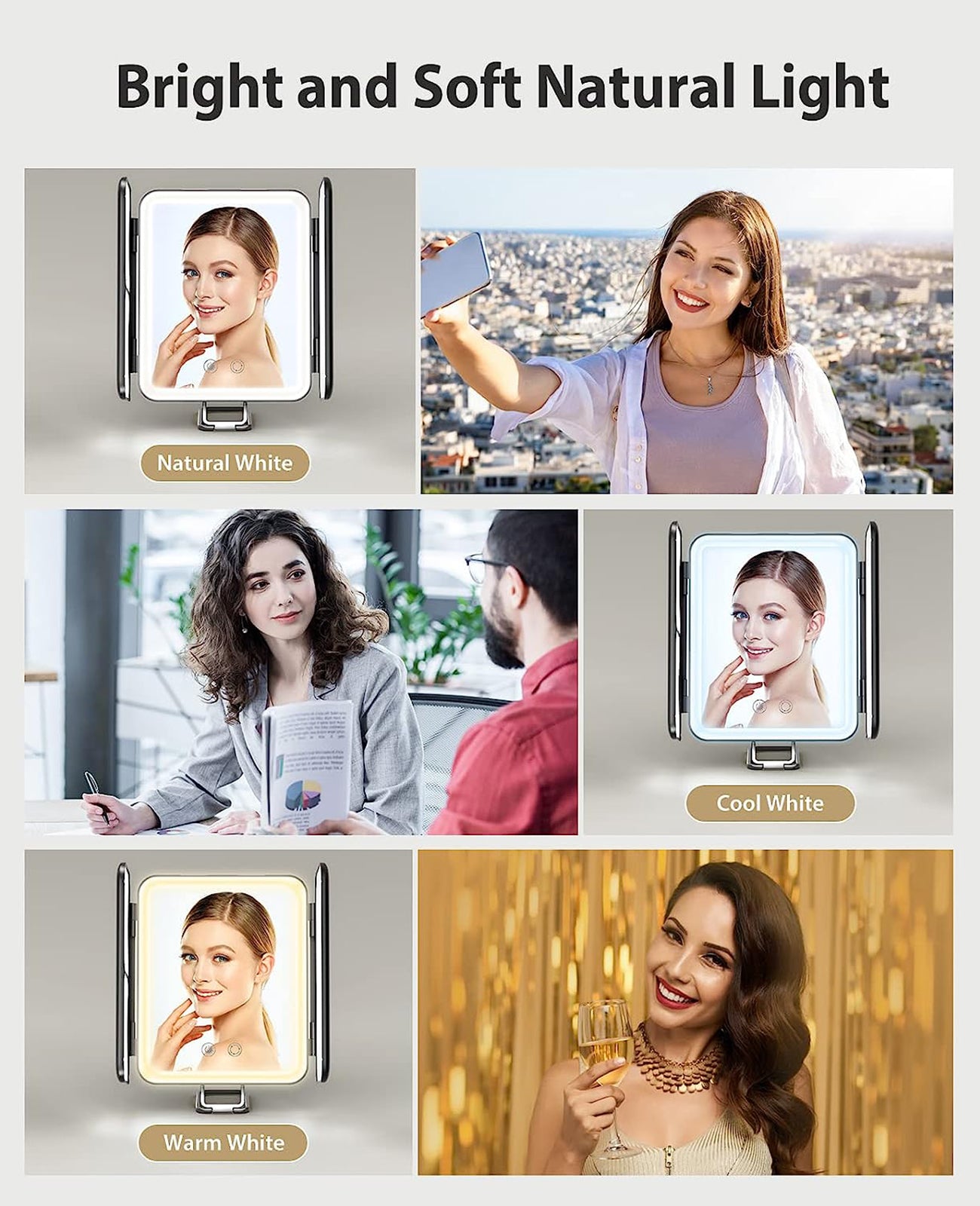 Jack & Rose Travel Mirror with Lights and Magnification, Portable Makeup Mirror with Light, 3X 7X, Light up Led Mirror for Makeup