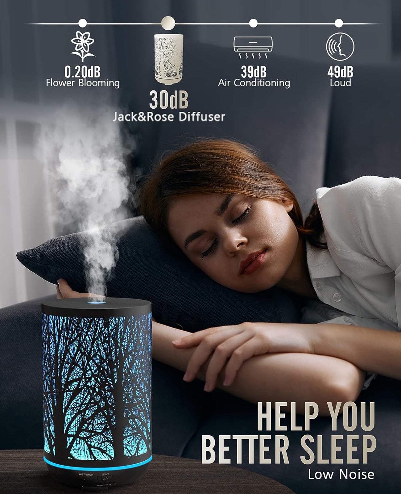 300ML Essential Oil Diffuser, Ultrasonic Diffusers for Essential Oils for Large Room, Metal Aromatherapy Air Diffusers Home with 14 Colors Lights
