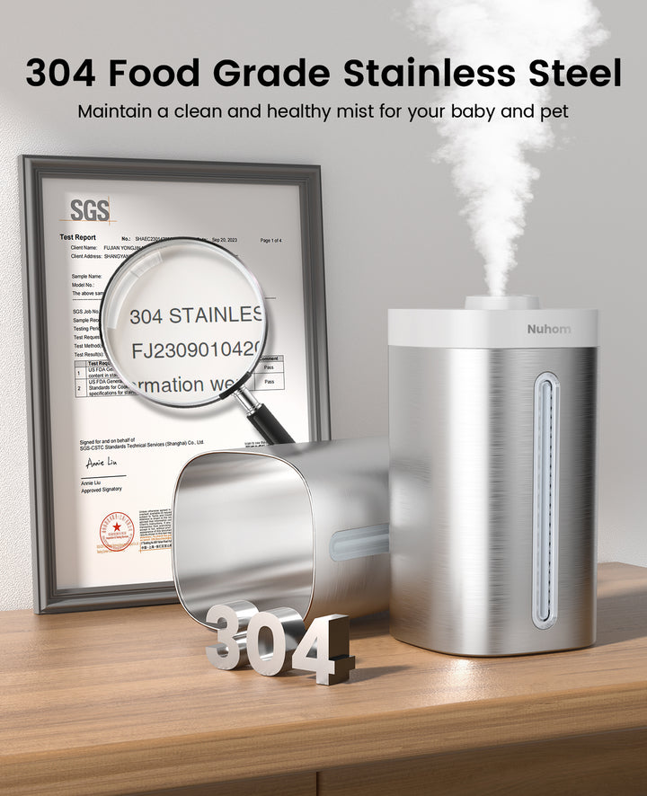 Nuhom Stainless Steel Humidifier, Easy to Clean, Dishwasher Safe, Cool Mist Humidifiers for Bedroom