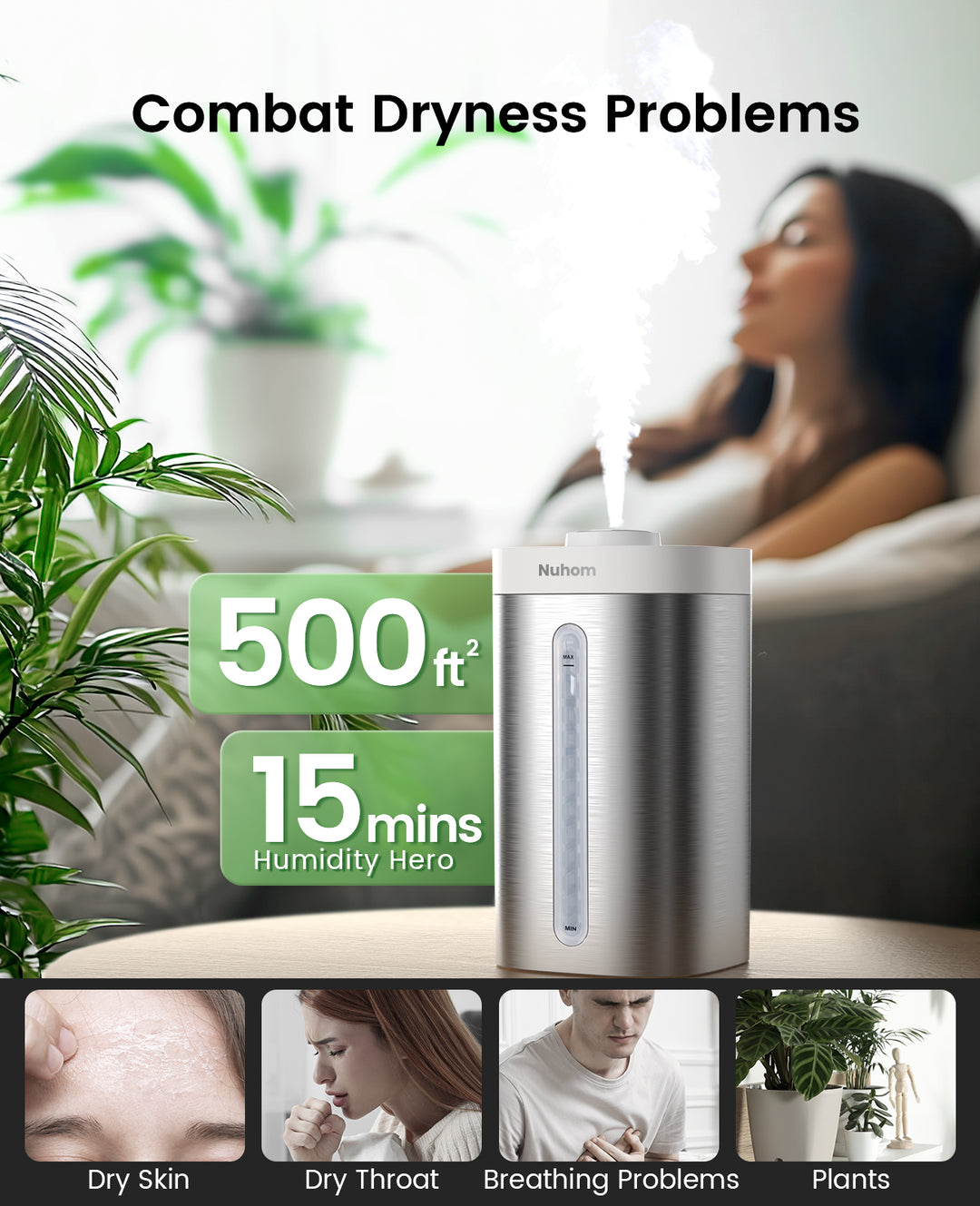 Nuhom Stainless Steel Humidifier, Easy to Clean, Dishwasher Safe, Cool Mist Humidifiers for Bedroom