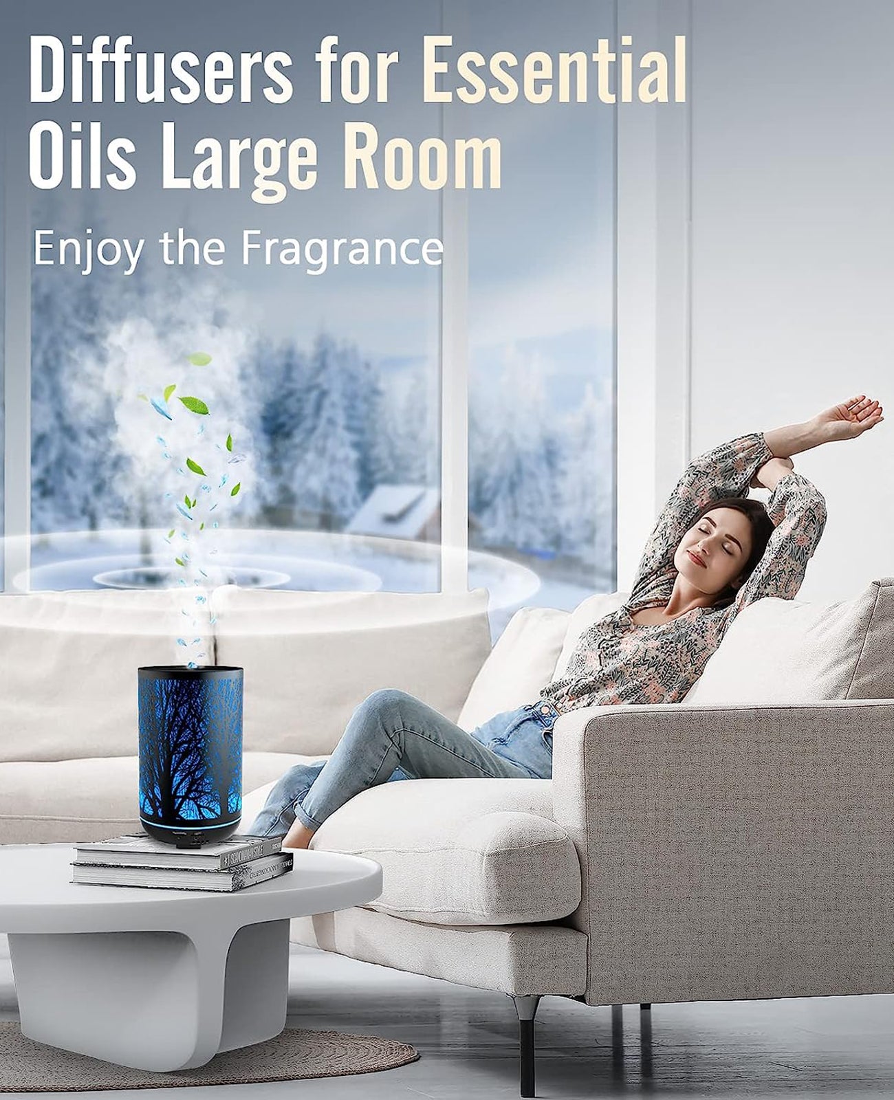 300ML Essential Oil Diffuser, Ultrasonic Diffusers for Essential Oils for Large Room, Metal Aromatherapy Air Diffusers Home with 14 Colors Lights