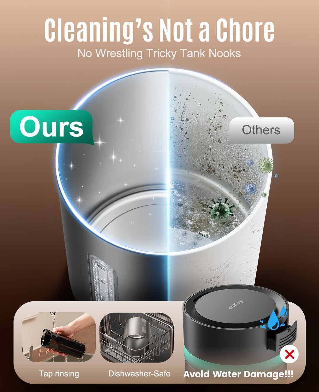 Aegus Stainless Steel Humidifier, Easy to Clean Humidifier, Dishwasher Safe Humidifiers